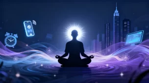 Silhueta meditativa em meio a símbolos da vida moderna e tecnologia, representando o impacto da vida moderna sobre os estados mentais e a busca por paz interior.
