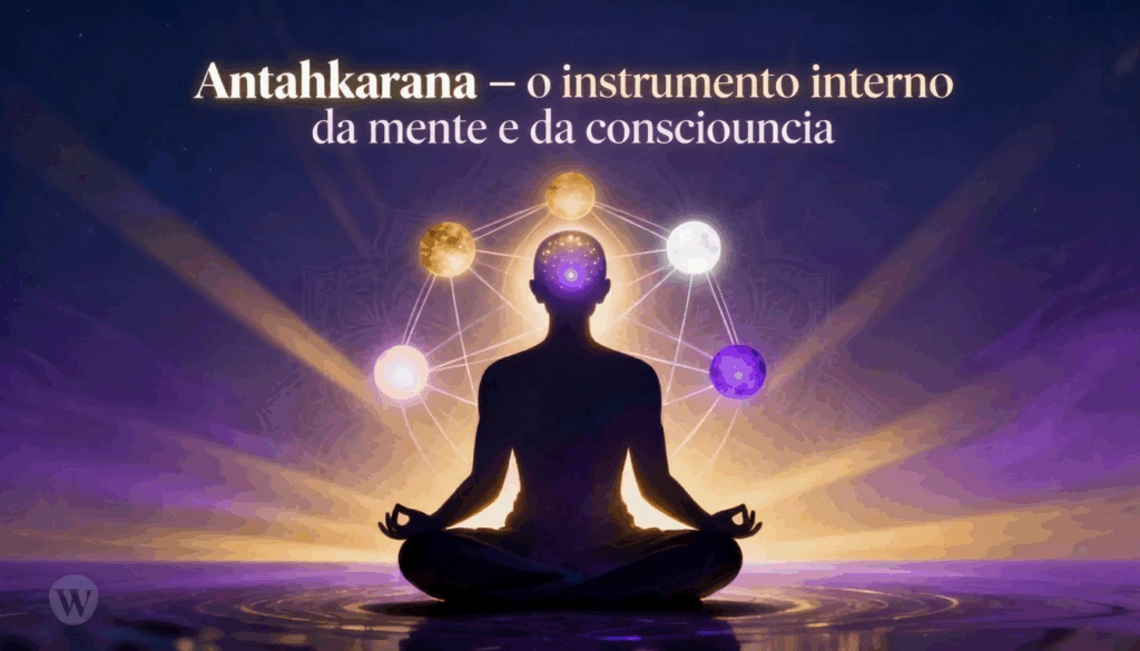 Silhueta meditativa com esferas luminosas interligadas dentro da mente, representando o antahkaraṇa – instrumento interno da consciência (Manas, Buddhi, Citta e Ahaṁkāra).