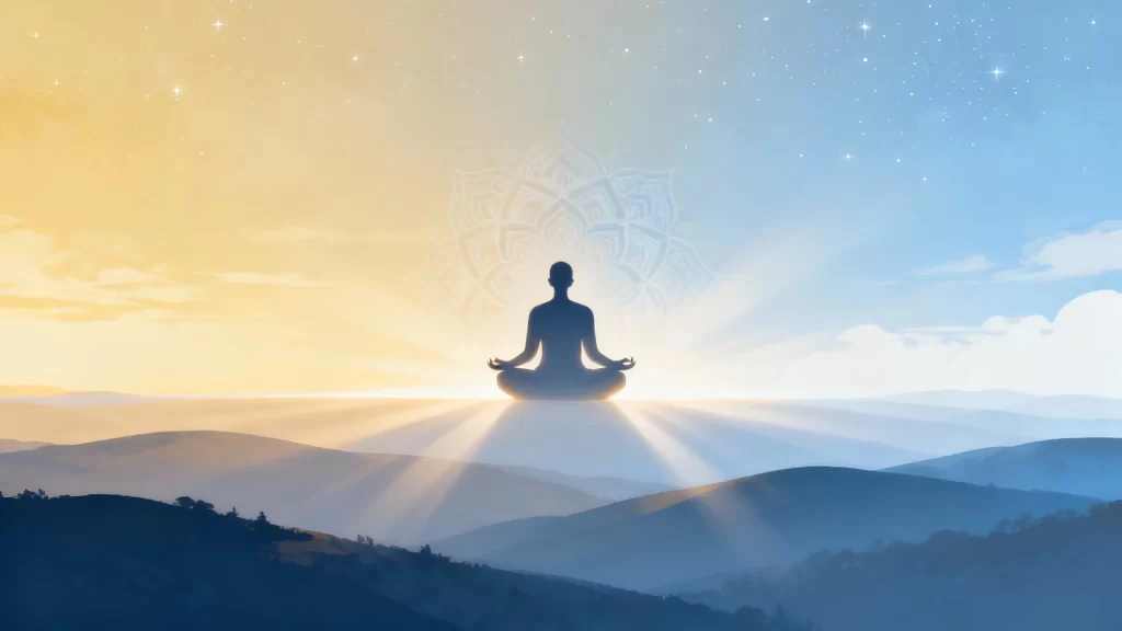 Silhueta meditativa irradiando luz ao amanhecer, simbolizando o retorno ao silêncio interior e a transcendência dos estados mentais da vida moderna.