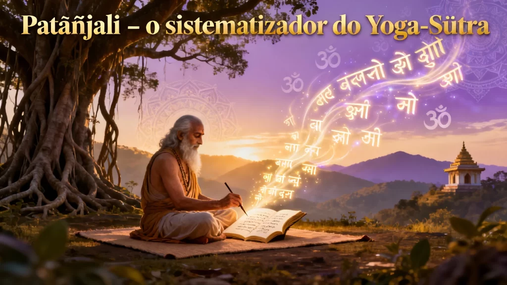 Banner com representação simbólica de Patañjali escrevendo o Yoga-Sūtra, em cenário espiritual indiano com pergaminho, símbolos sânscritos luminosos e atmosfera mística.