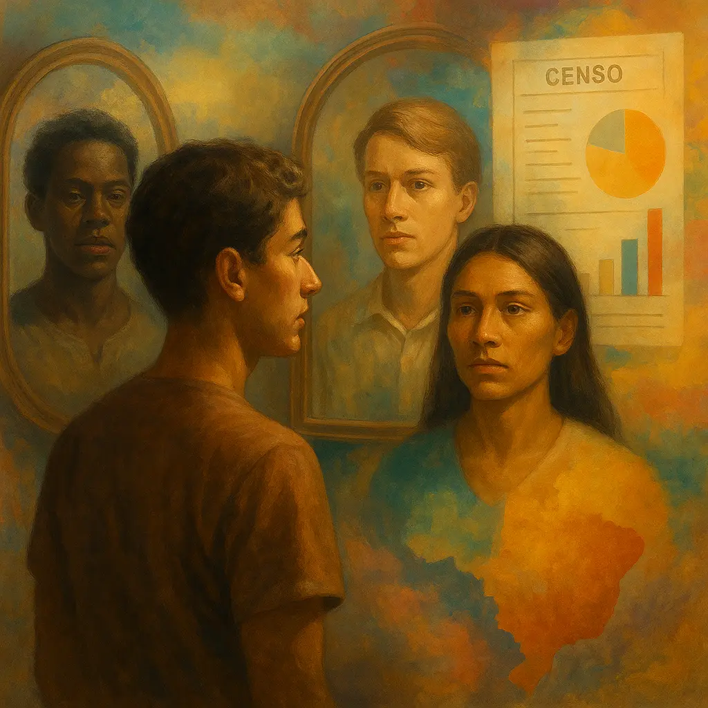 Pessoa brasileira diante de espelhos com reflexos de ancestralidades europeia, africana e indígena, com gráficos do IBGE ao fundo