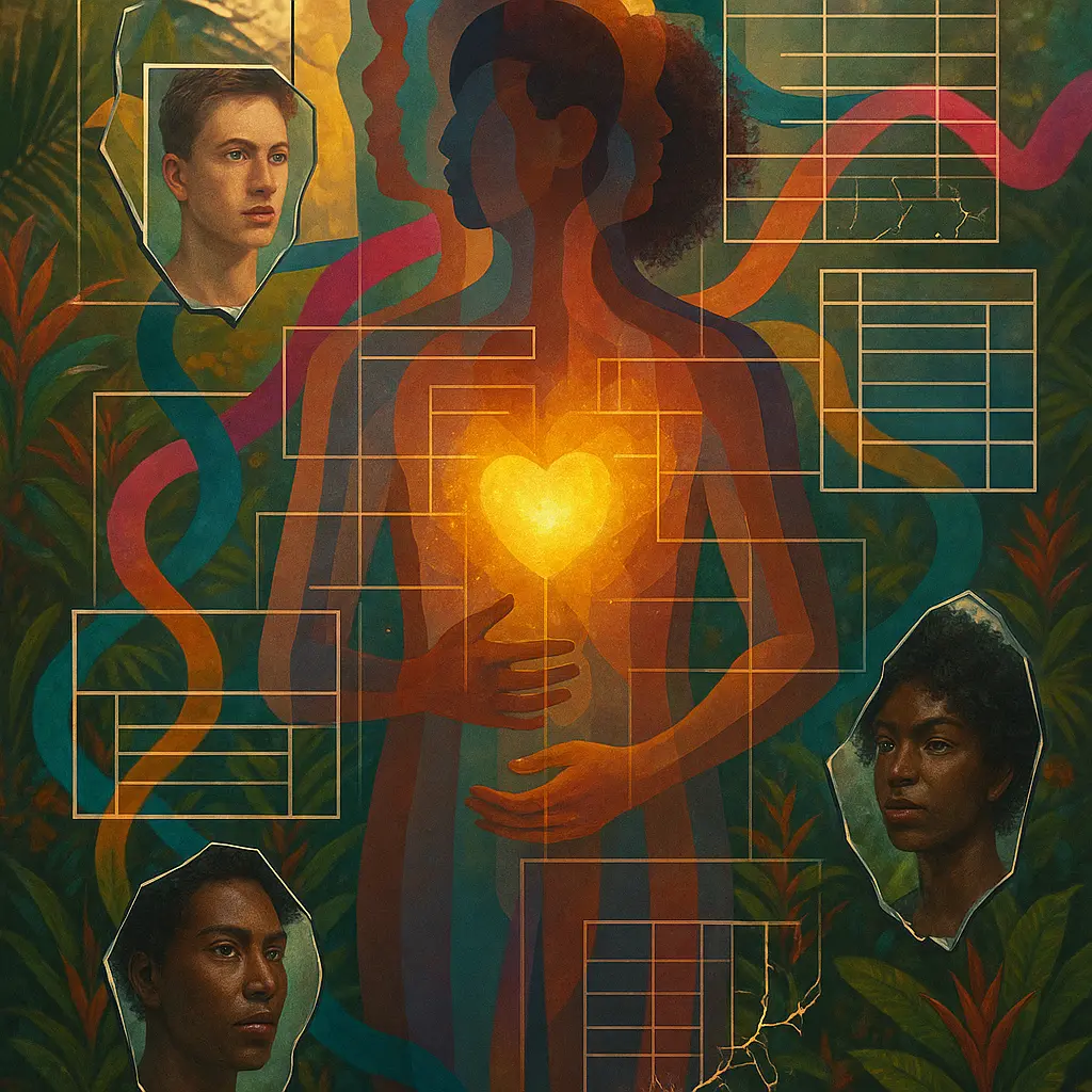 Coração dourado rompe molduras; arco-íris humano em paisagem tropical brasileira.