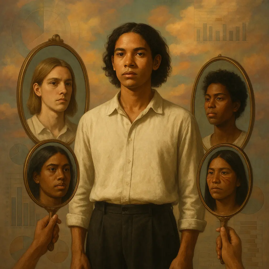 Pessoa brasileira diante de espelhos com reflexos de ancestralidades europeia, africana e indígena, com gráficos do IBGE ao fundo.