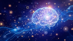 Ilustração conceitual de cérebro humano com relógio e elementos místicos representando a percepção do tempo e meditação