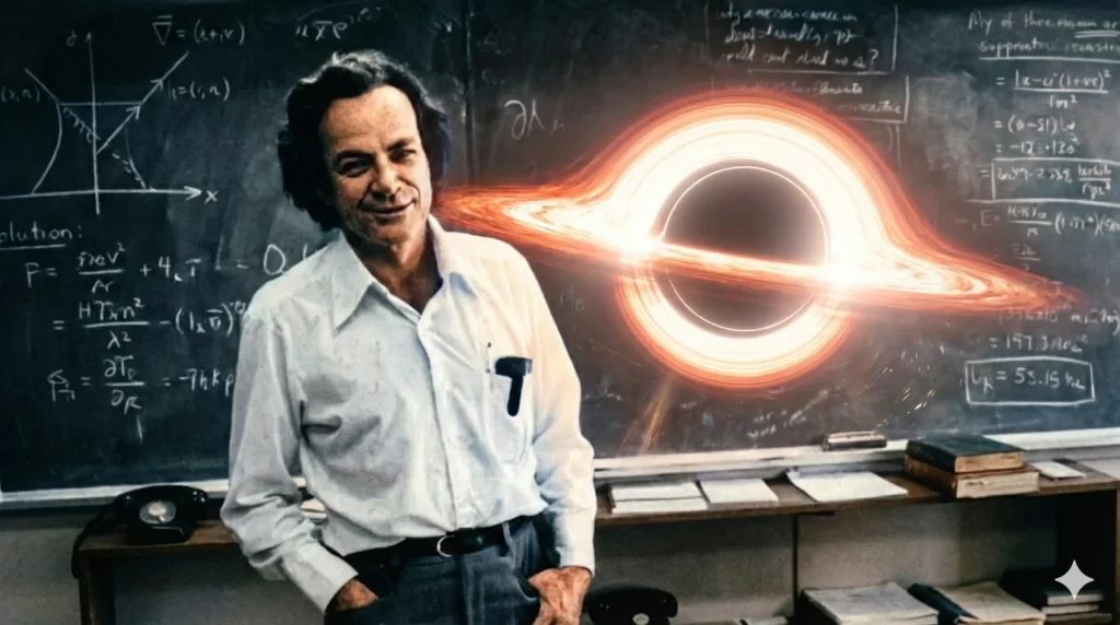 Uma fotografia de Richard Feynman, sorrindo e com as mãos nos bolsos, vestindo uma camisa branca e calças escuras, em frente a quadros-negros cheios de equações físicas. À sua direita, um buraco negro brilhante e estilizado, com um disco de acreção laranja e branco, está sobreposto aos quadros.