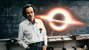 Uma fotografia de Richard Feynman, sorrindo e com as mãos nos bolsos, vestindo uma camisa branca e calças escuras, em frente a quadros-negros cheios de equações físicas. À sua direita, um buraco negro brilhante e estilizado, com um disco de acreção laranja e branco, está sobreposto aos quadros.