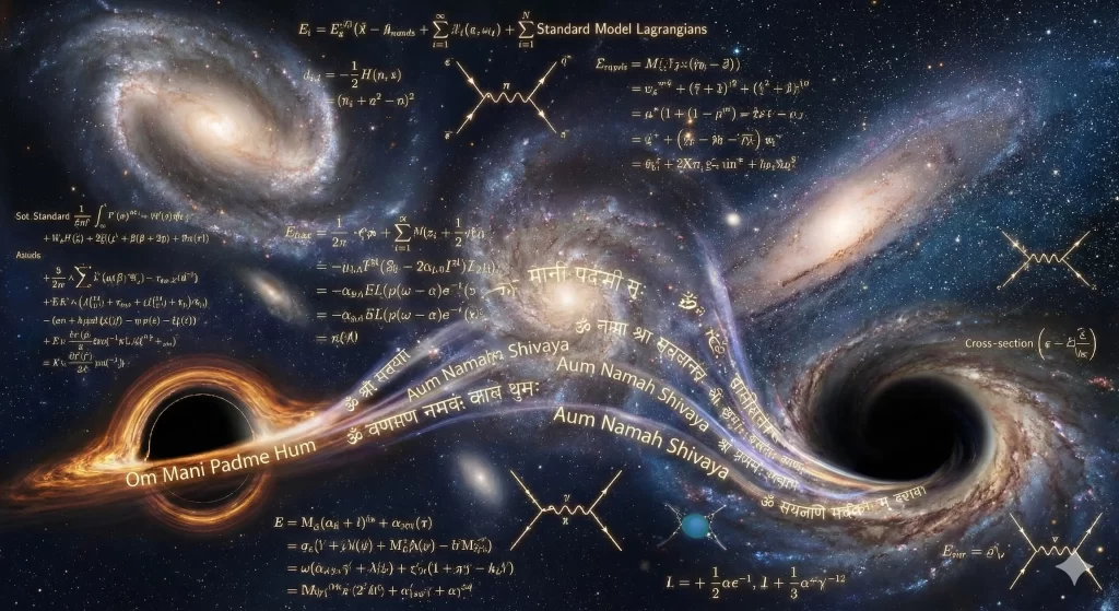 Uma fusão cósmica entre ciência e espiritualidade, onde galáxias e buracos negros dividem o espaço com equações de física de partículas e mantras ancestrais em sânscrito, que fluem como fitas luminosas pelo universo.