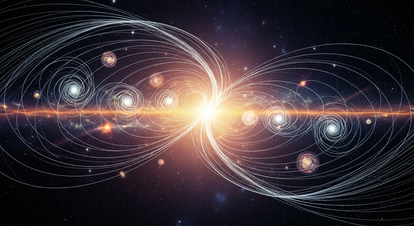 Representação artística do espaço-tempo e linhas do tempo sobrepostas